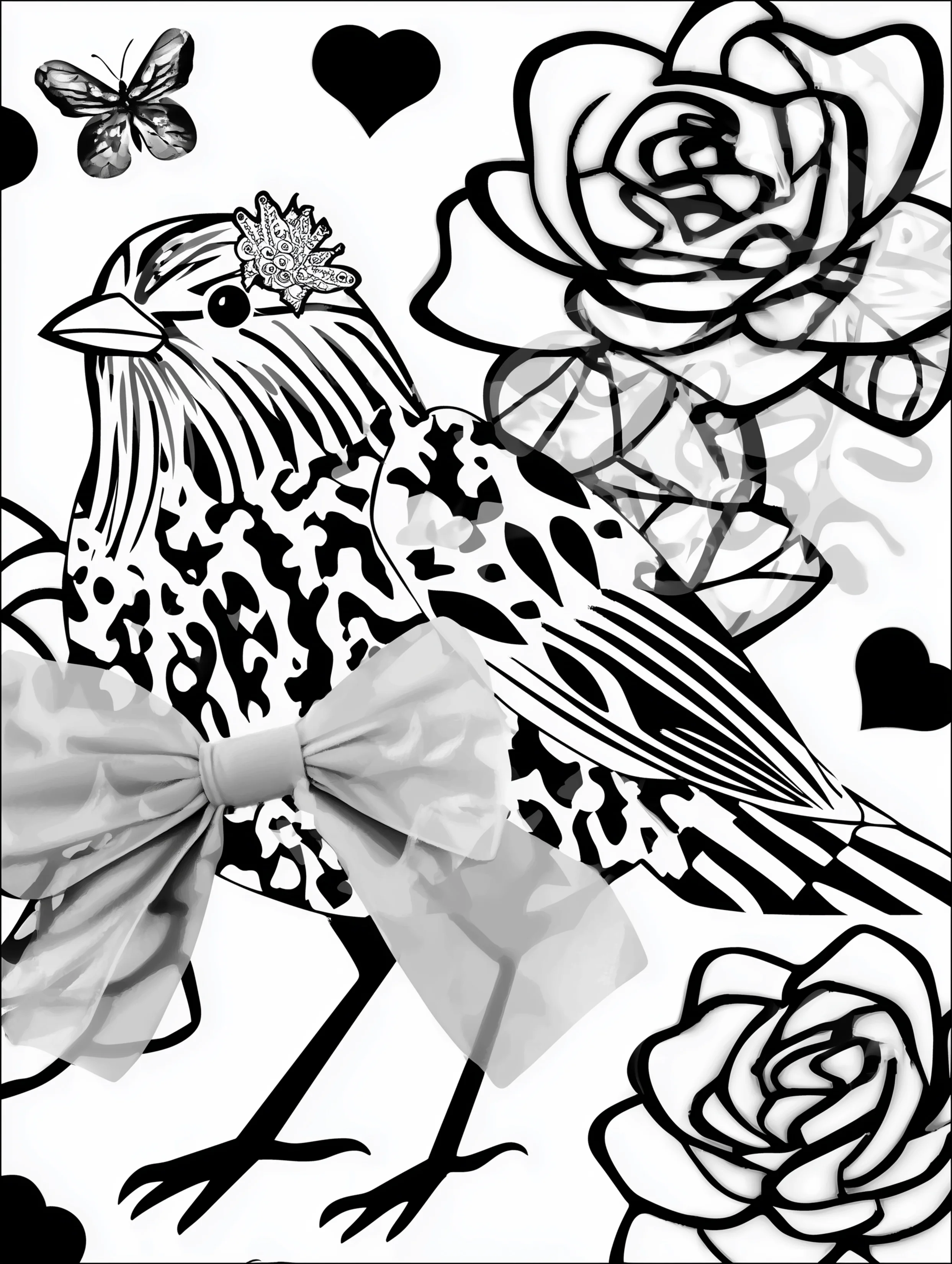 Free printable bird coloring page for adults featuring a bird with a ribbon and butterfly